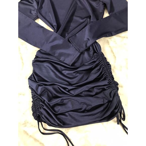 B Darlin Dress Ruched Bodycon Mini 7/8 Satin Silky Smooth Party Cocktail Blue - Picture 8 of 9